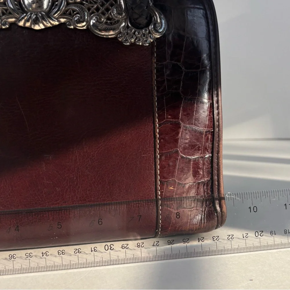 Vintage Brighton Brown Leather Silver Filigree Braided‎ Handle Handbag A162006